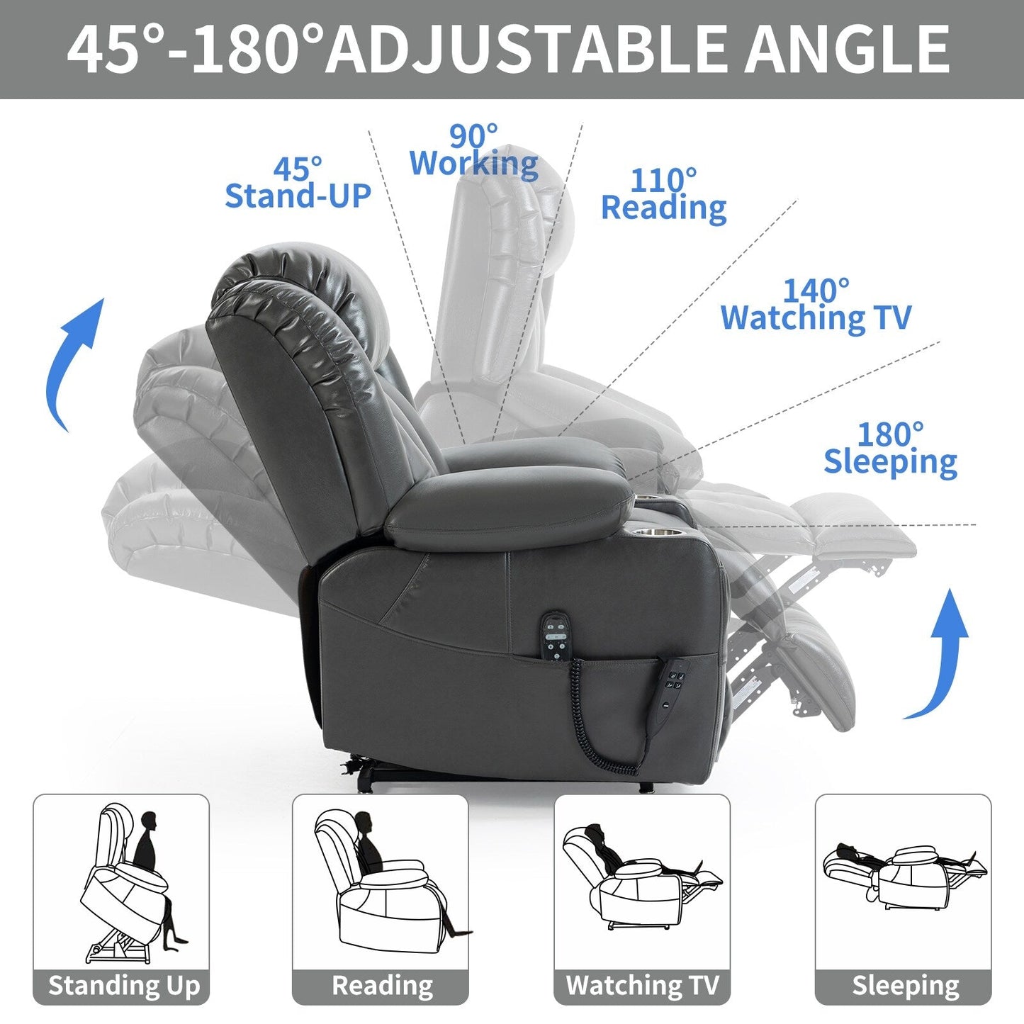 Fauteuil inclinable électrique à 180°, double moteur, porte-gobelets en acier inoxydable