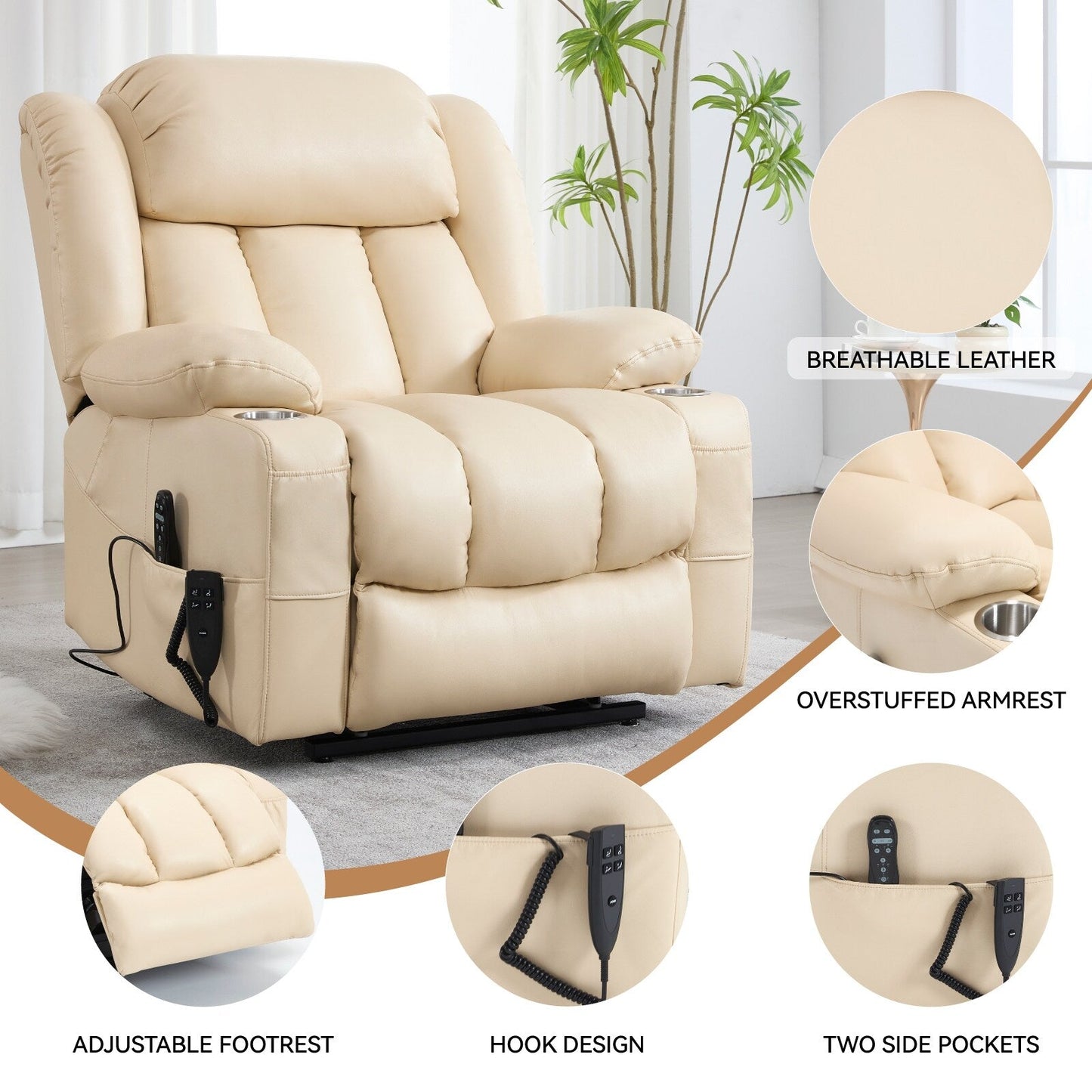 Fauteuil inclinable électrique à 180°, double moteur, porte-gobelets en acier inoxydable
