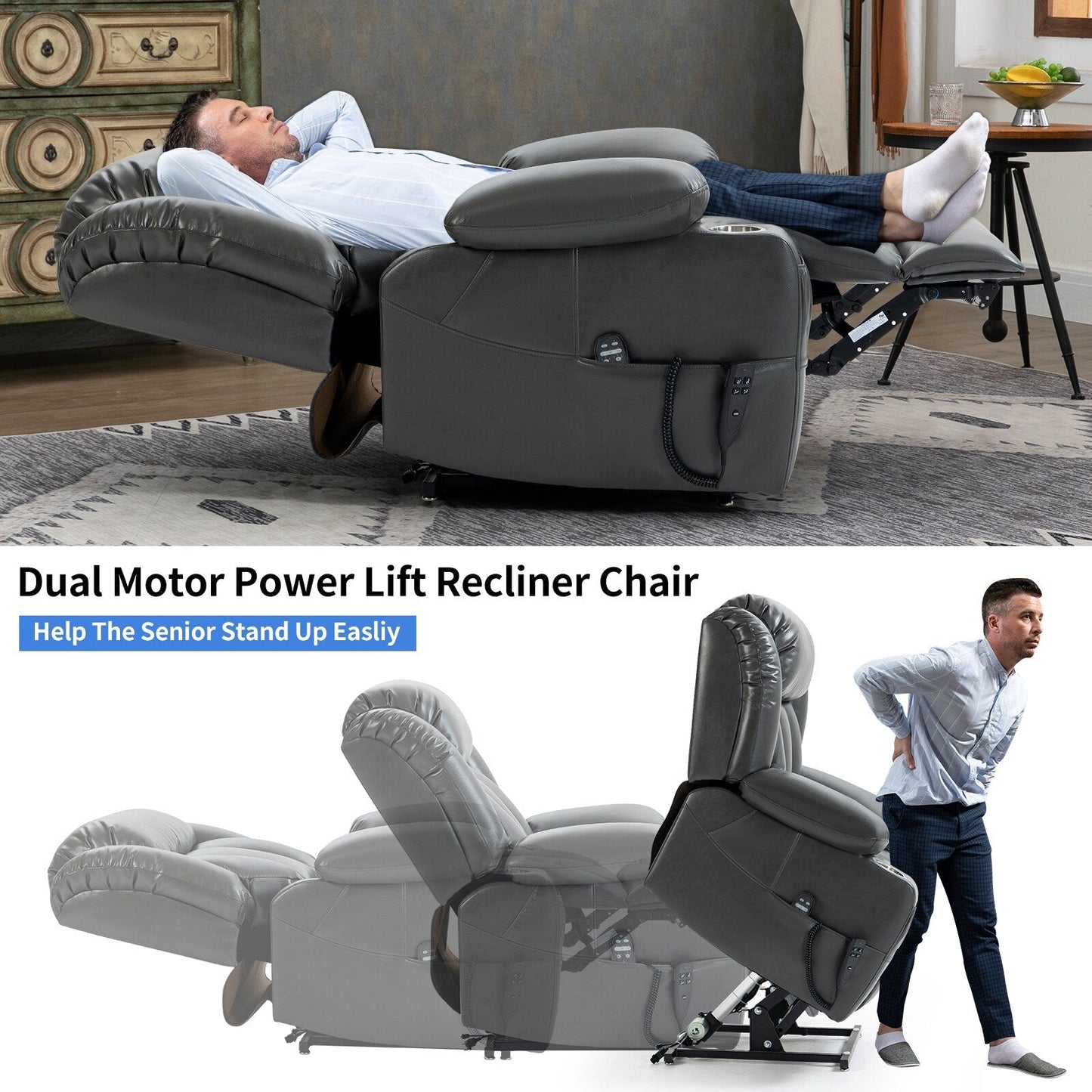 Fauteuil inclinable électrique à 180°, double moteur, porte-gobelets en acier inoxydable
