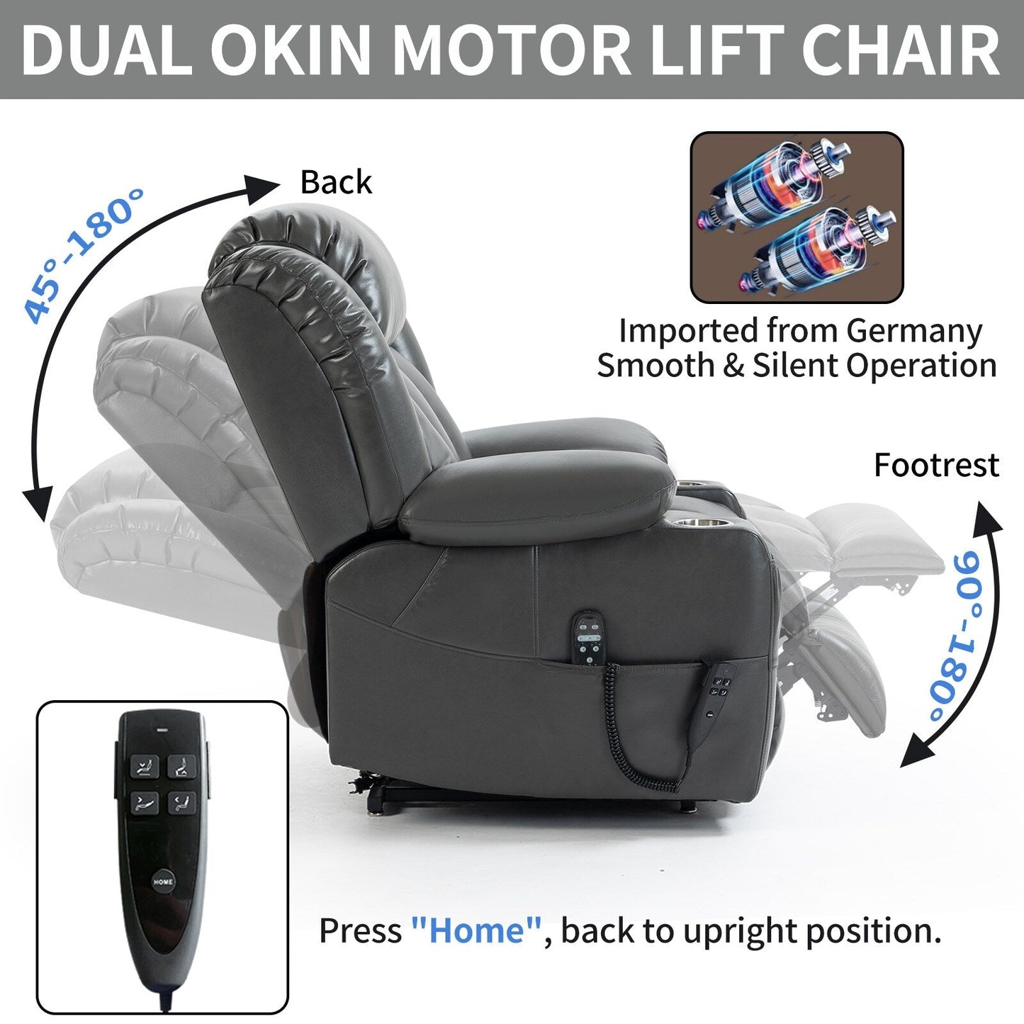 Fauteuil inclinable électrique à 180°, double moteur, porte-gobelets en acier inoxydable