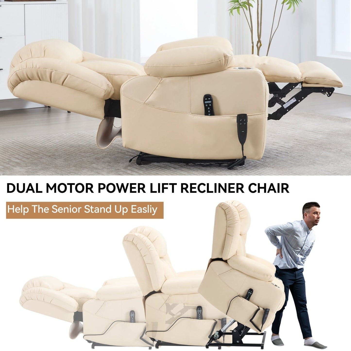 Fauteuil inclinable électrique à 180°, double moteur, porte-gobelets en acier inoxydable