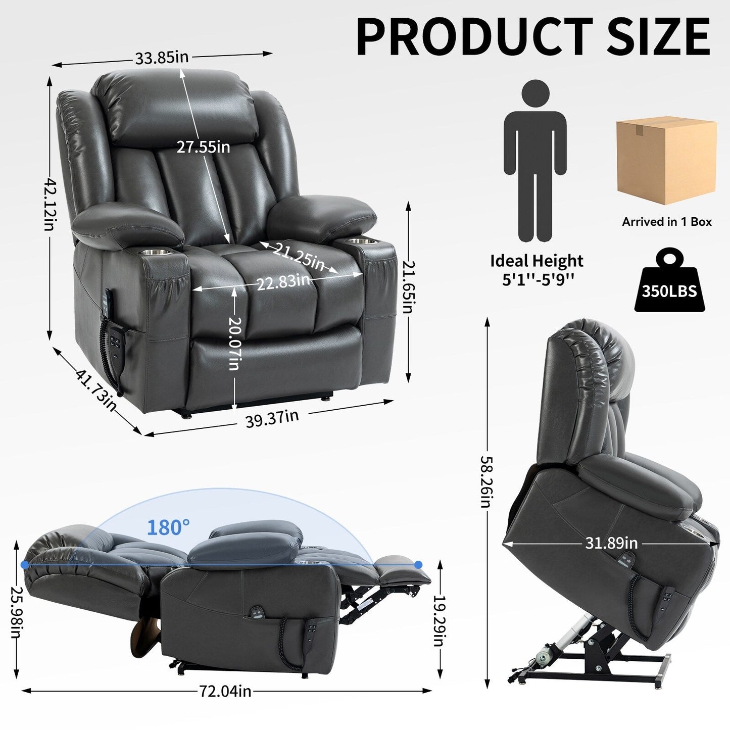 Fauteuil inclinable électrique à 180°, double moteur, porte-gobelets en acier inoxydable