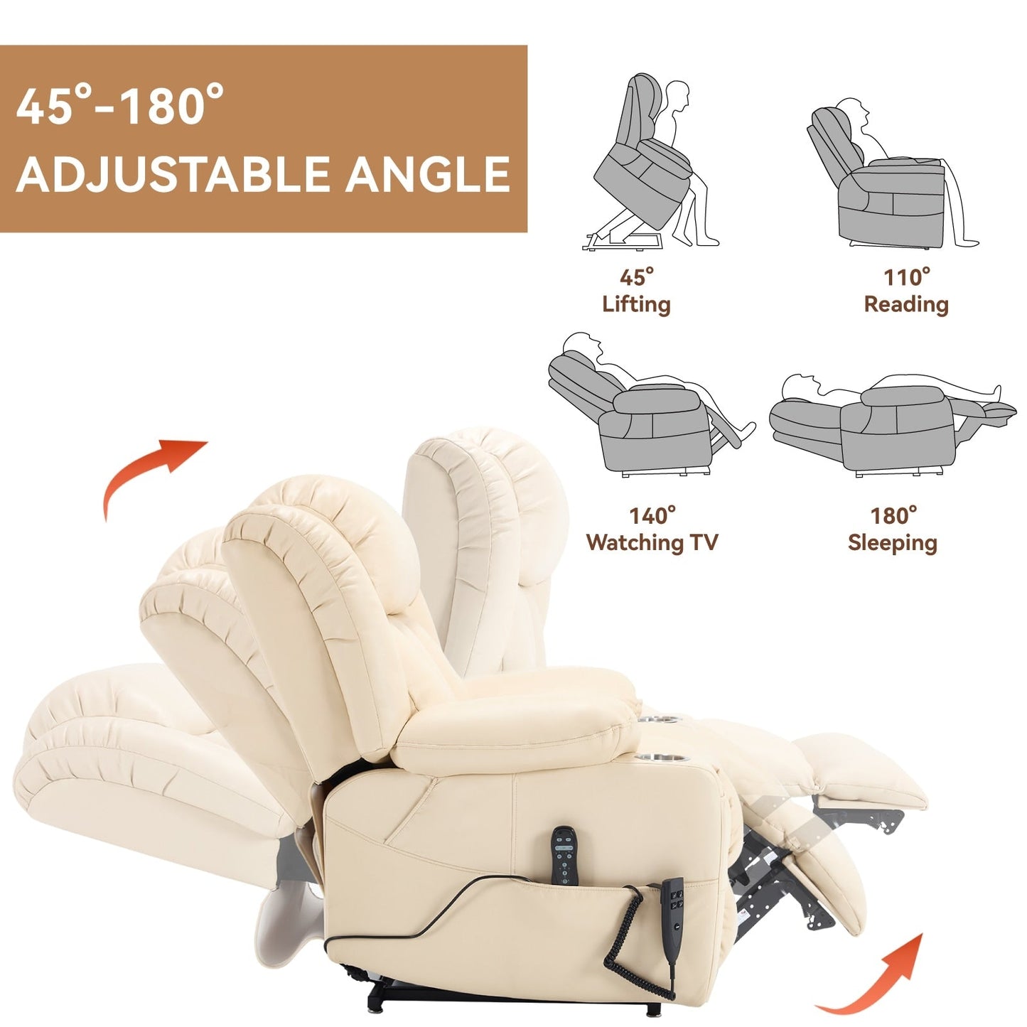 Fauteuil inclinable électrique à 180°, double moteur, porte-gobelets en acier inoxydable
