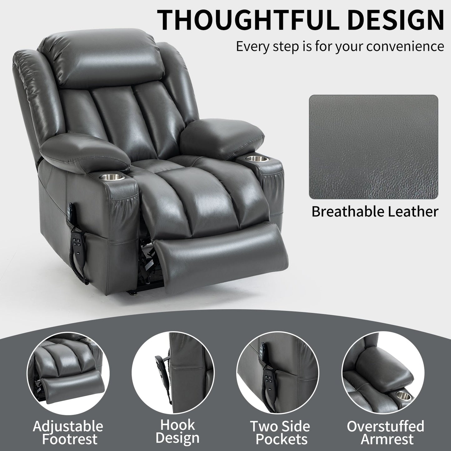 Fauteuil inclinable électrique à 180°, double moteur, porte-gobelets en acier inoxydable