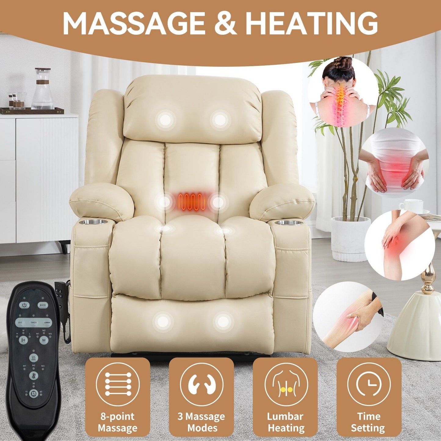 Fauteuil inclinable électrique à 180°, double moteur, porte-gobelets en acier inoxydable