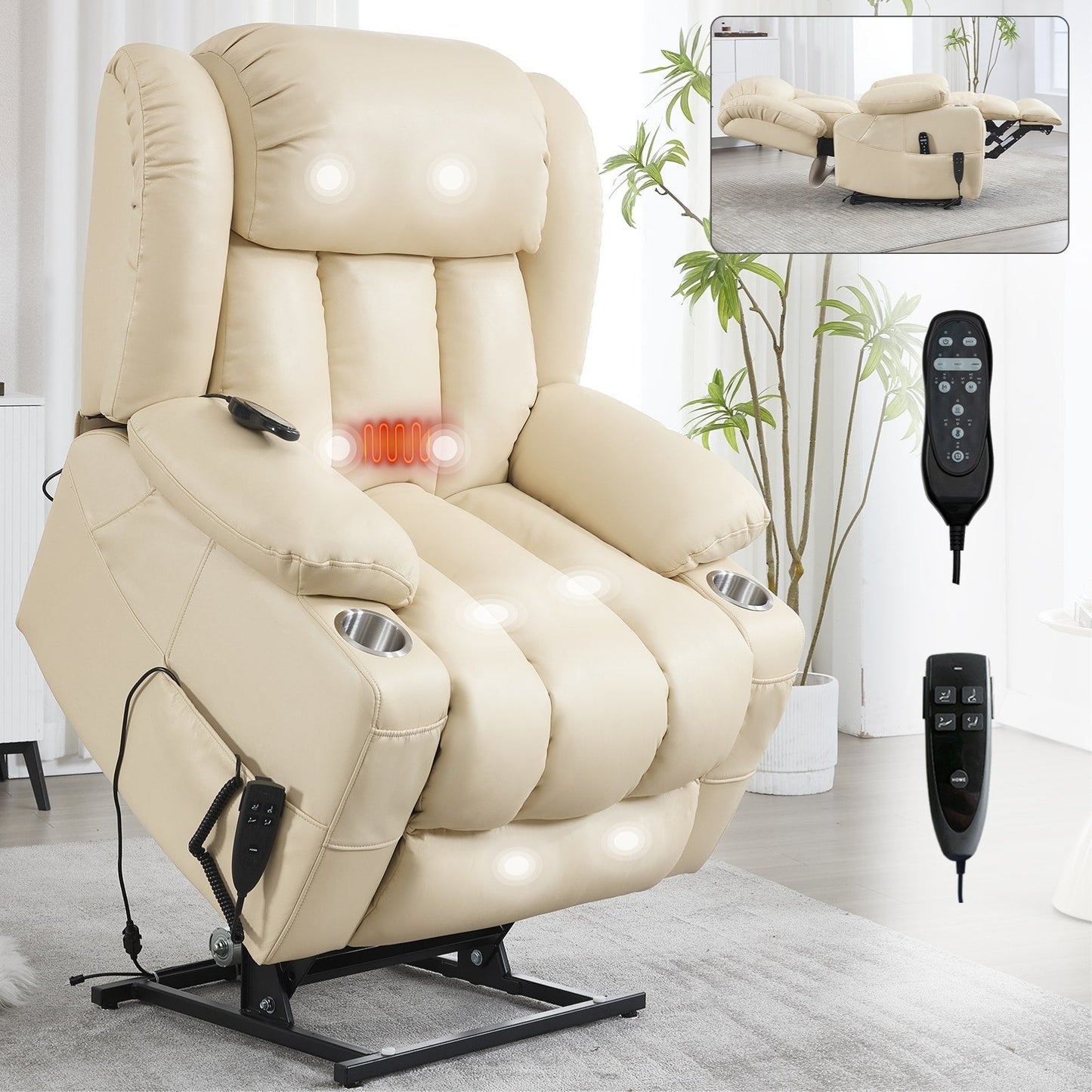 Fauteuil inclinable électrique à 180°, double moteur, porte-gobelets en acier inoxydable
