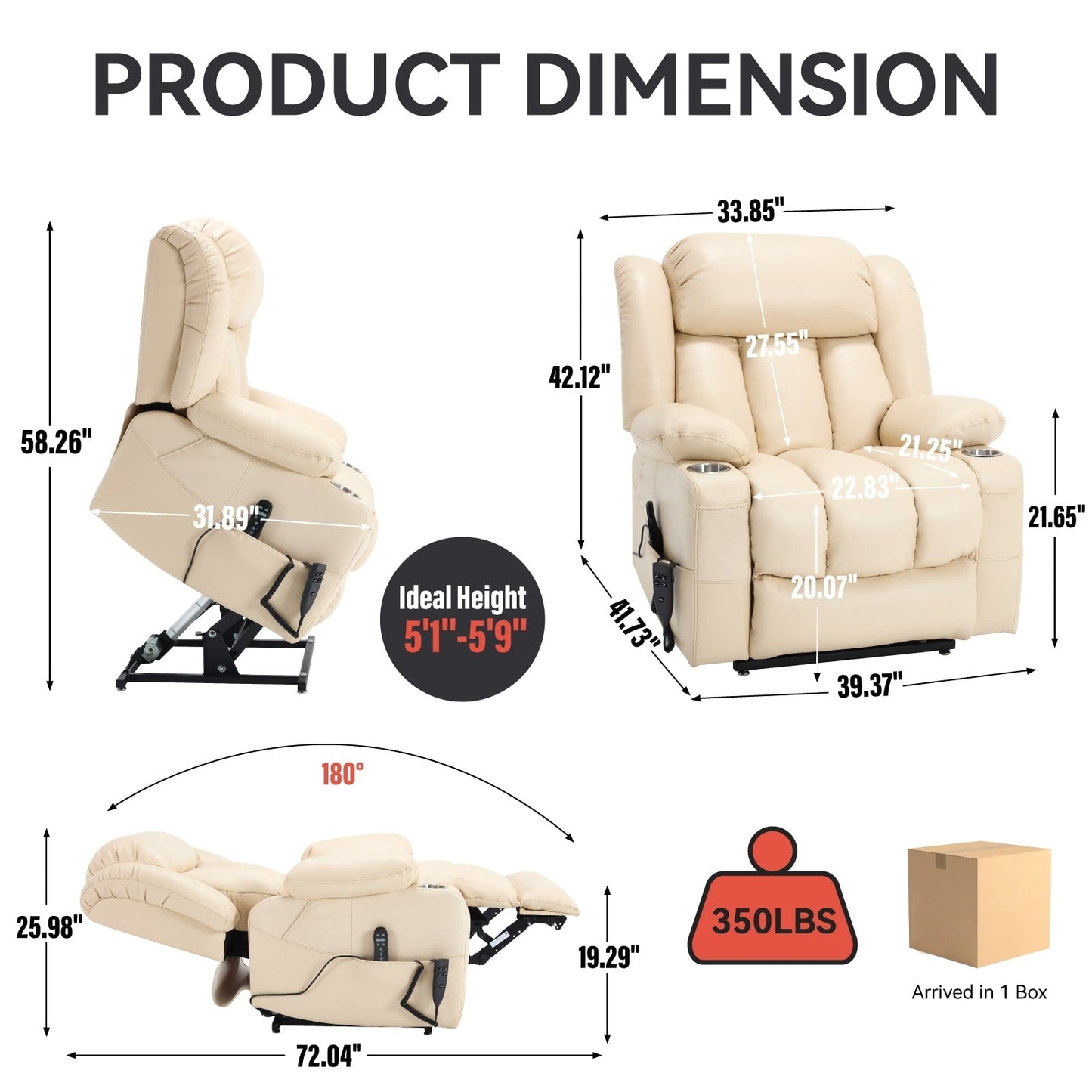 Fauteuil inclinable électrique à 180°, double moteur, porte-gobelets en acier inoxydable