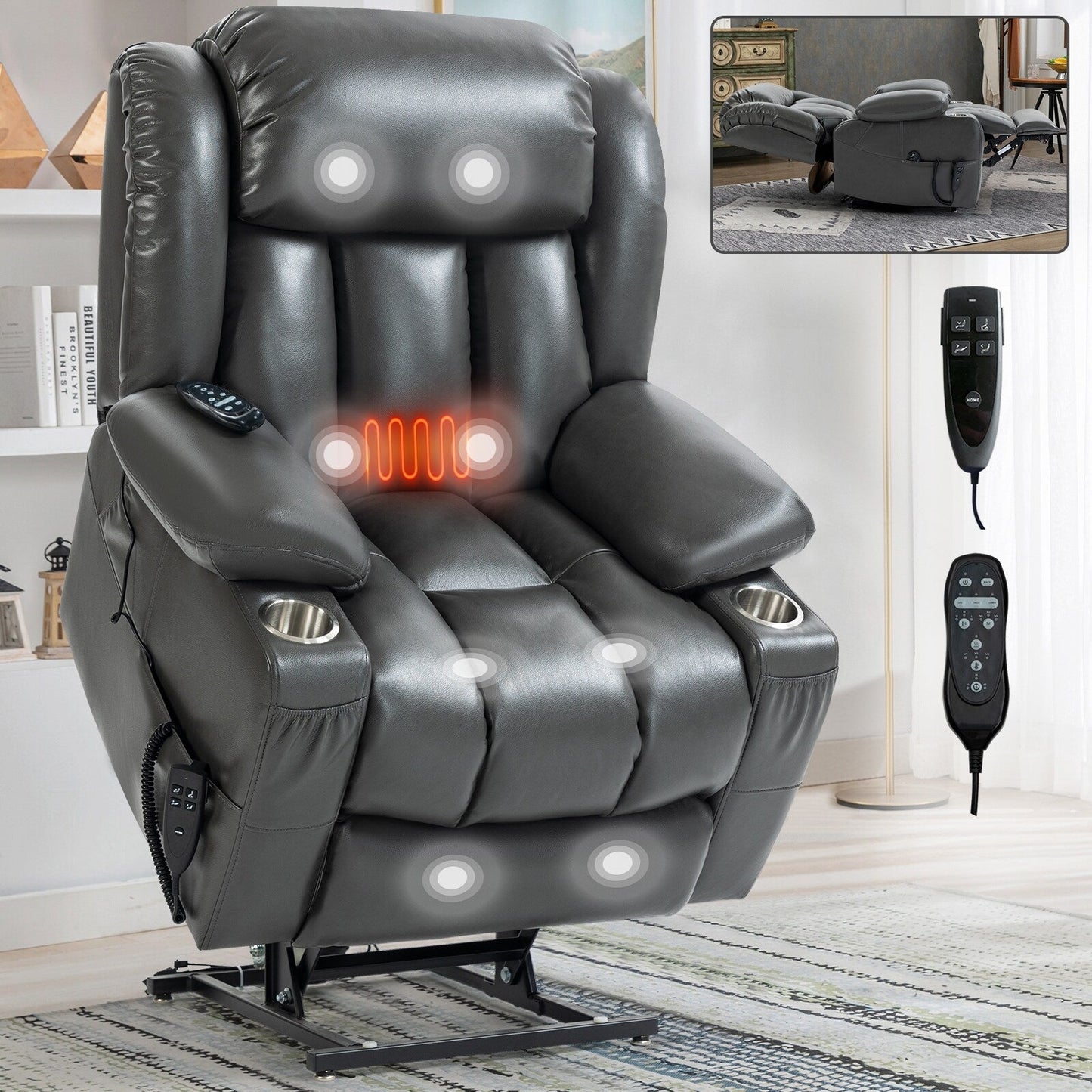 Fauteuil inclinable électrique à 180°, double moteur, porte-gobelets en acier inoxydable