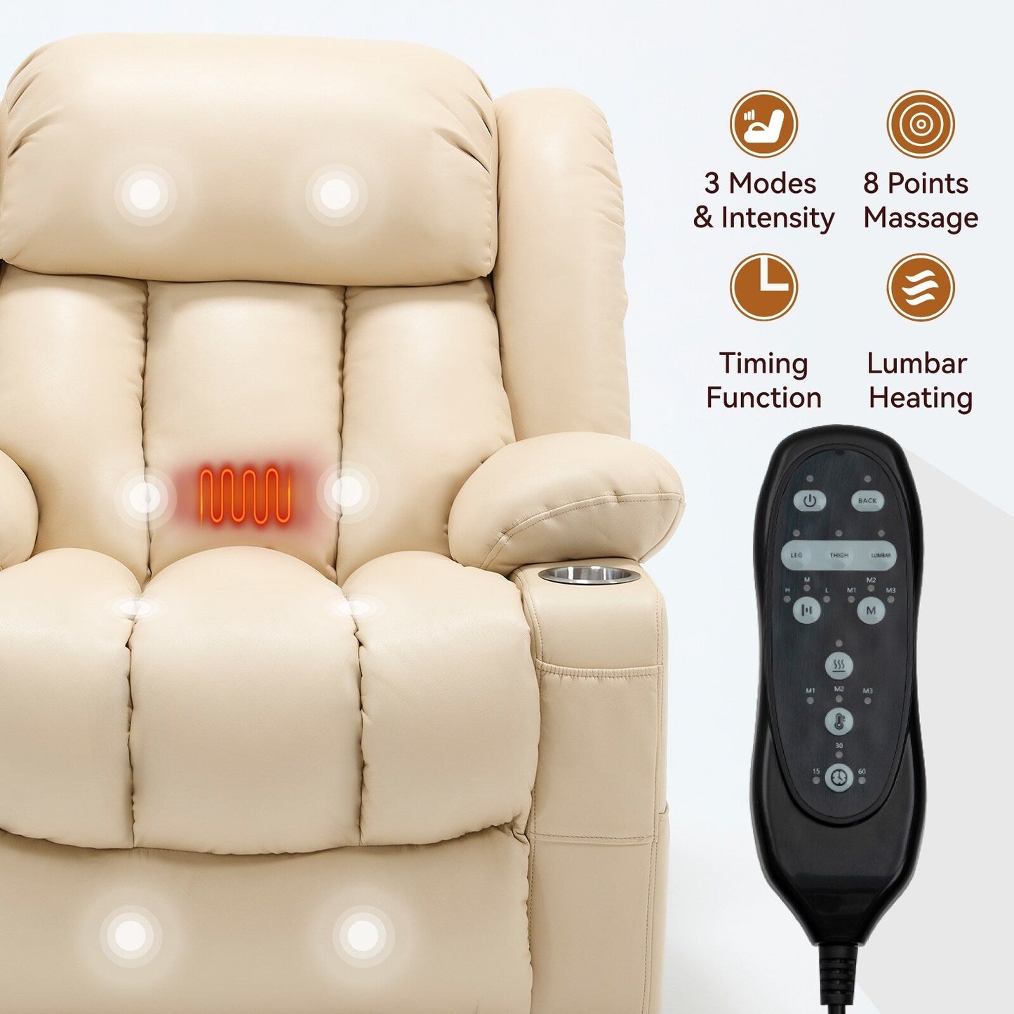 Fauteuil inclinable électrique à 180°, double moteur, porte-gobelets en acier inoxydable