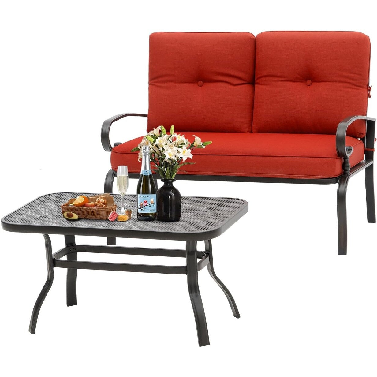 Ensemble de 2 bancs de jardin et table basse ronde pour terrasse extérieure