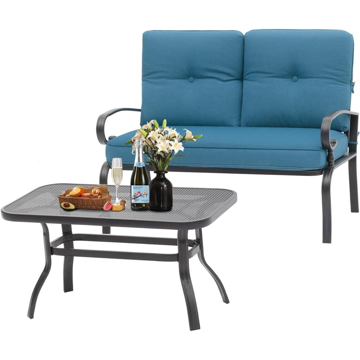 Ensemble de 2 bancs de jardin et table basse ronde pour terrasse extérieure