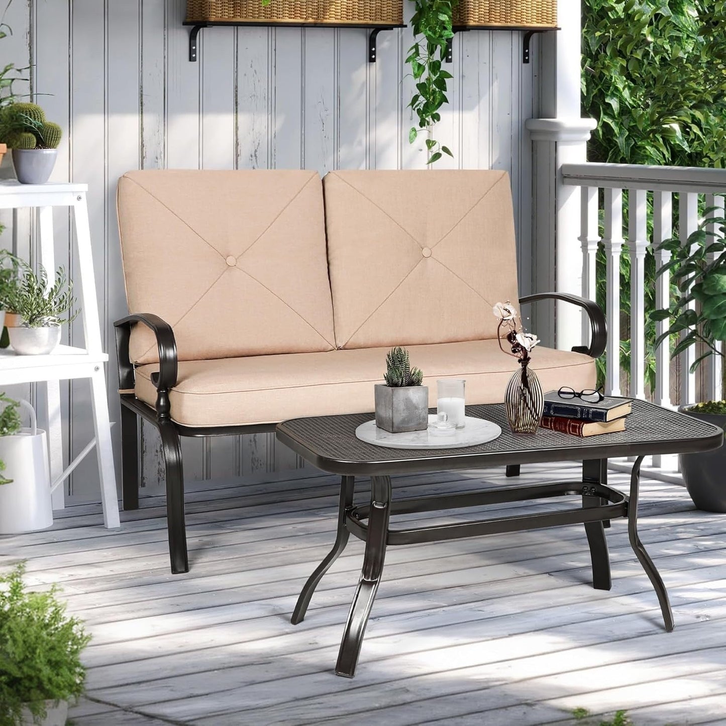 Ensemble de 2 bancs de jardin et table basse ronde pour terrasse extérieure