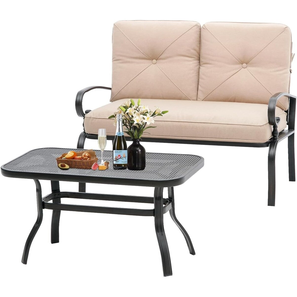 Ensemble de 2 bancs de jardin et table basse ronde pour terrasse extérieure