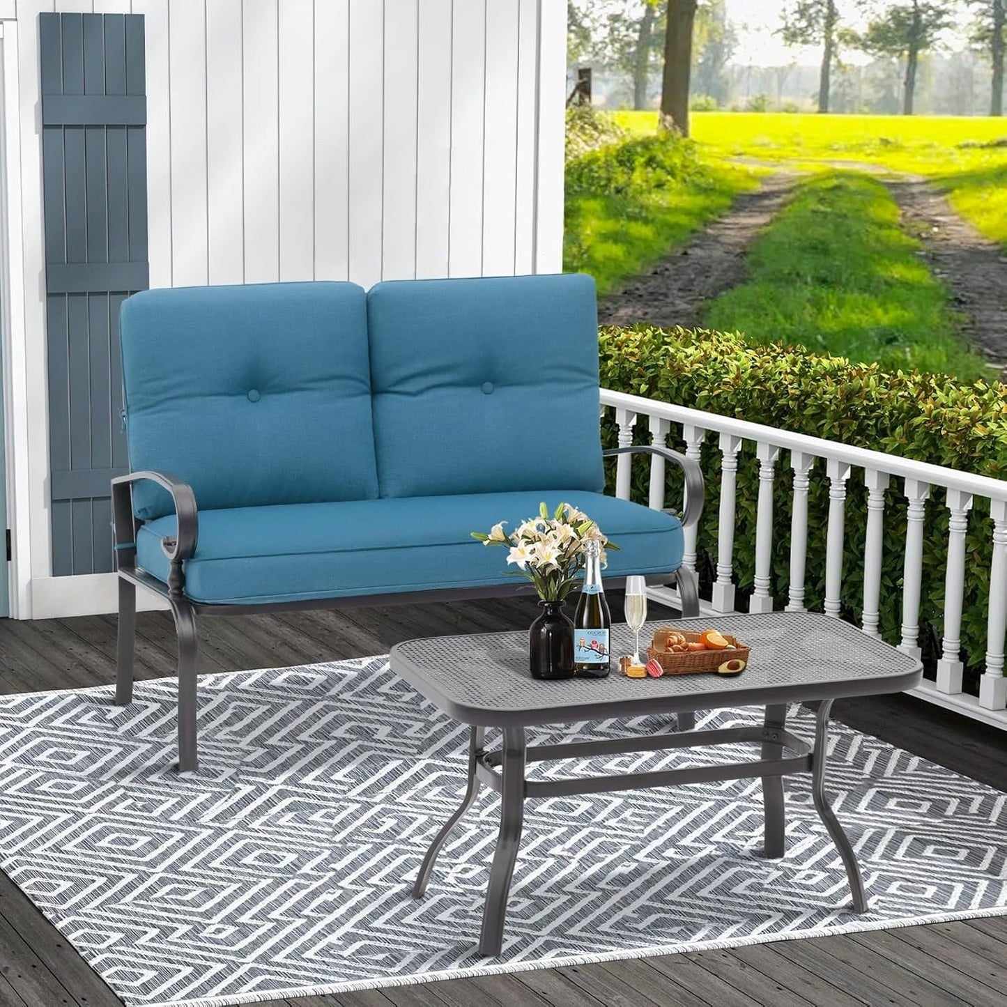 Ensemble de 2 bancs de jardin et table basse ronde pour terrasse extérieure