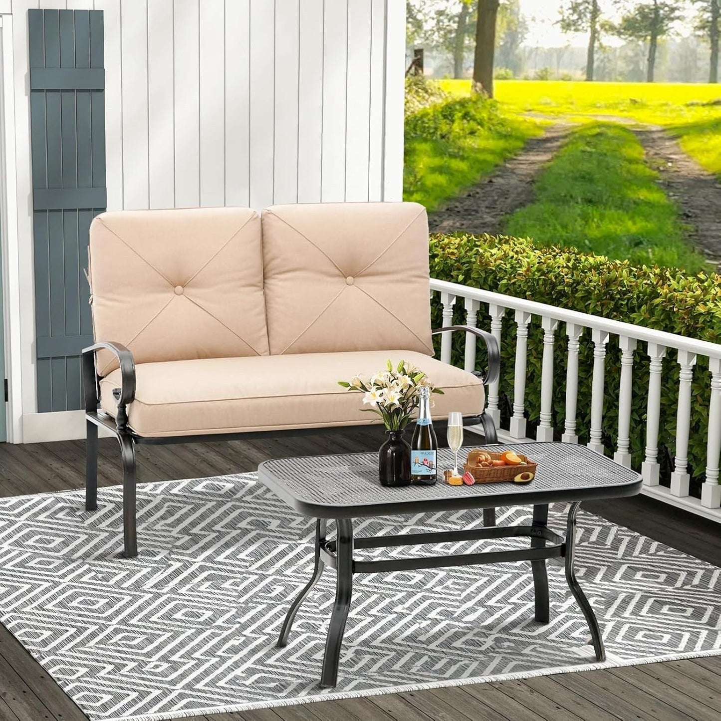 Ensemble de 2 bancs de jardin et table basse ronde pour terrasse extérieure