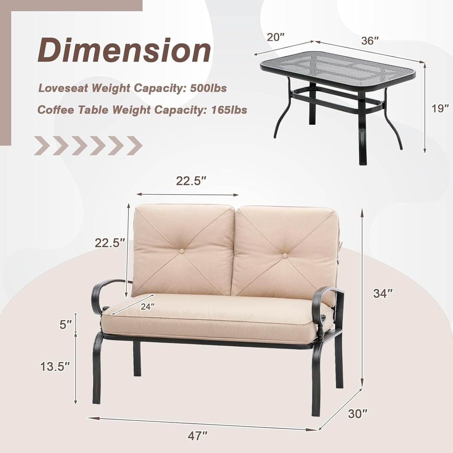 Ensemble de 2 bancs de jardin et table basse ronde pour terrasse extérieure