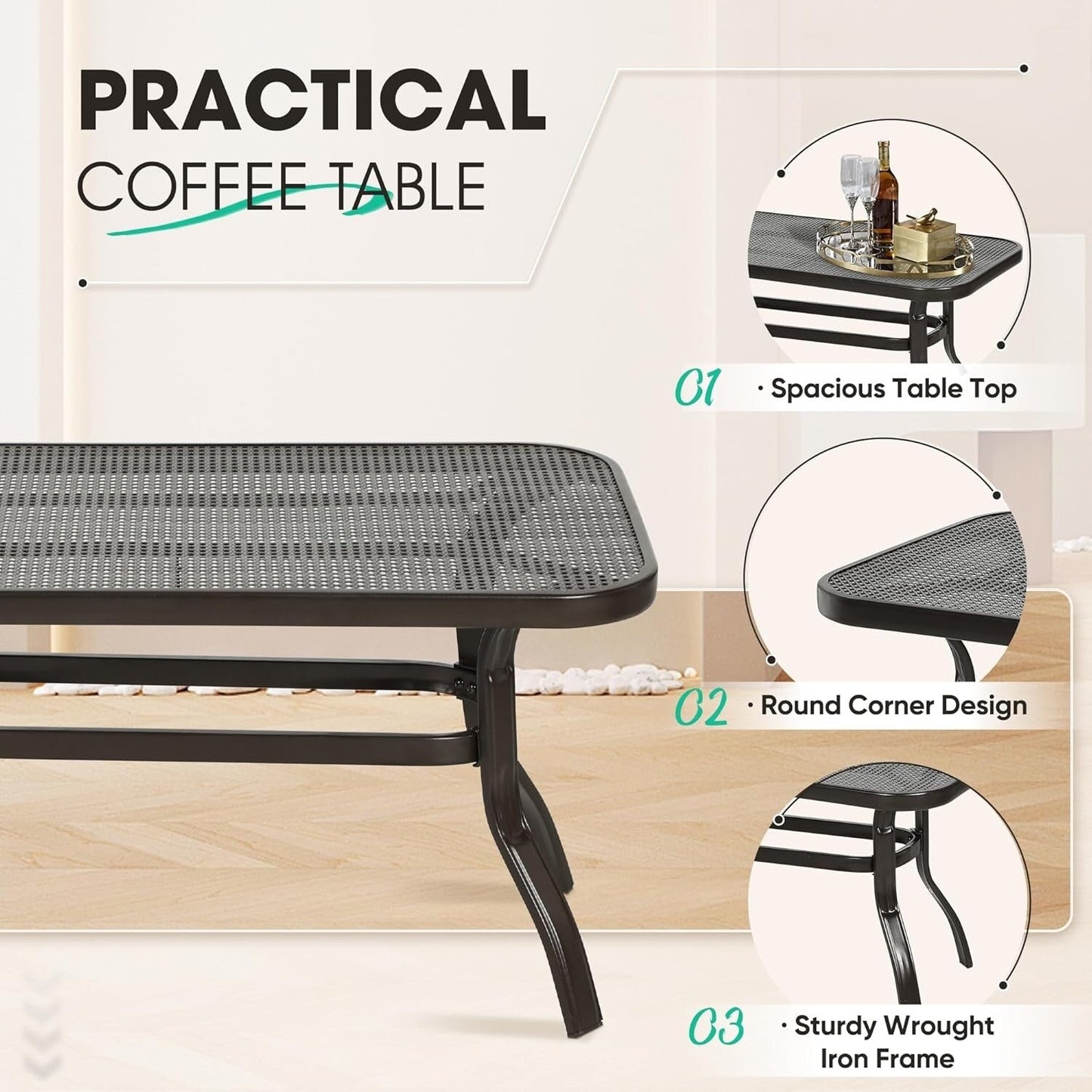 Ensemble de 2 bancs de jardin et table basse ronde pour terrasse extérieure
