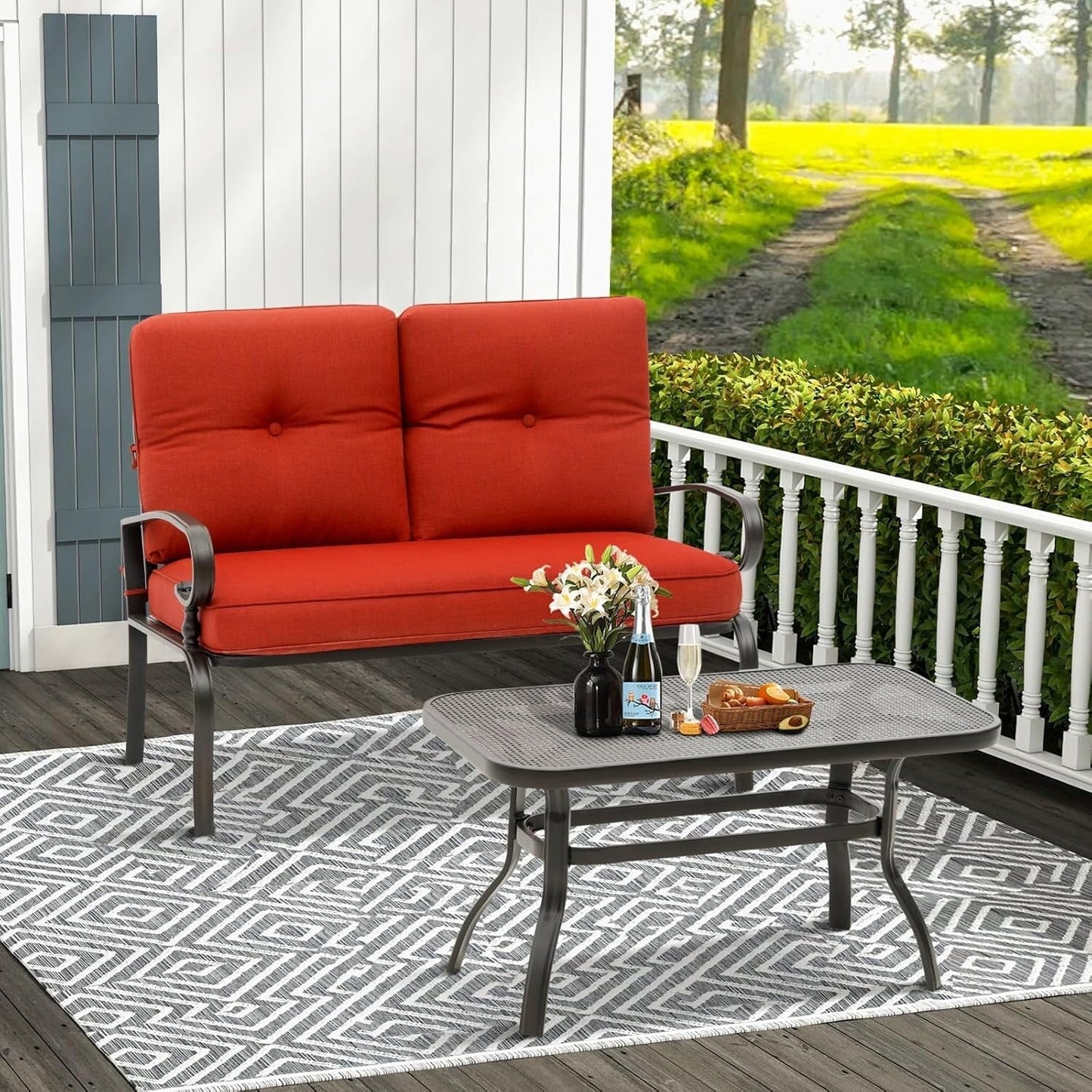 Ensemble de 2 bancs de jardin et table basse ronde pour terrasse extérieure