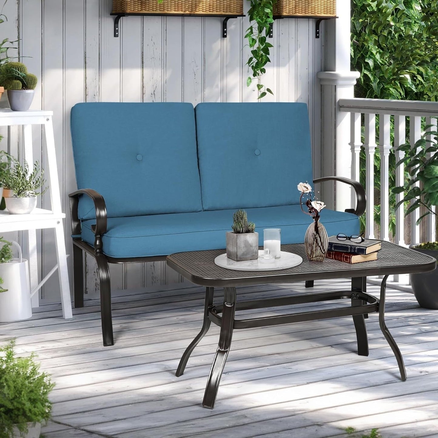 Ensemble de 2 bancs de jardin et table basse ronde pour terrasse extérieure