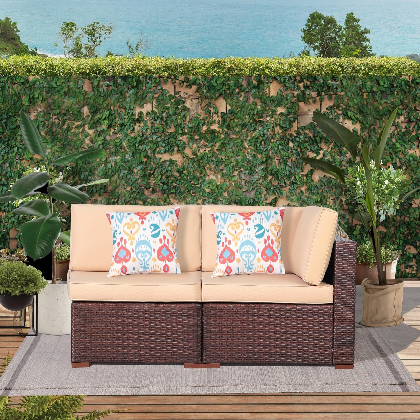 Ensemble de 2 canapés d'angle sectionnels en osier pour patio