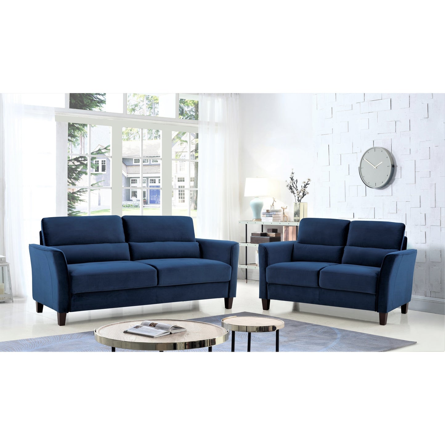 Ensemble de salon 2 pièces avec accoudoirs inclinés rembourrés, causeuse et canapé, style milieu du siècle moderne