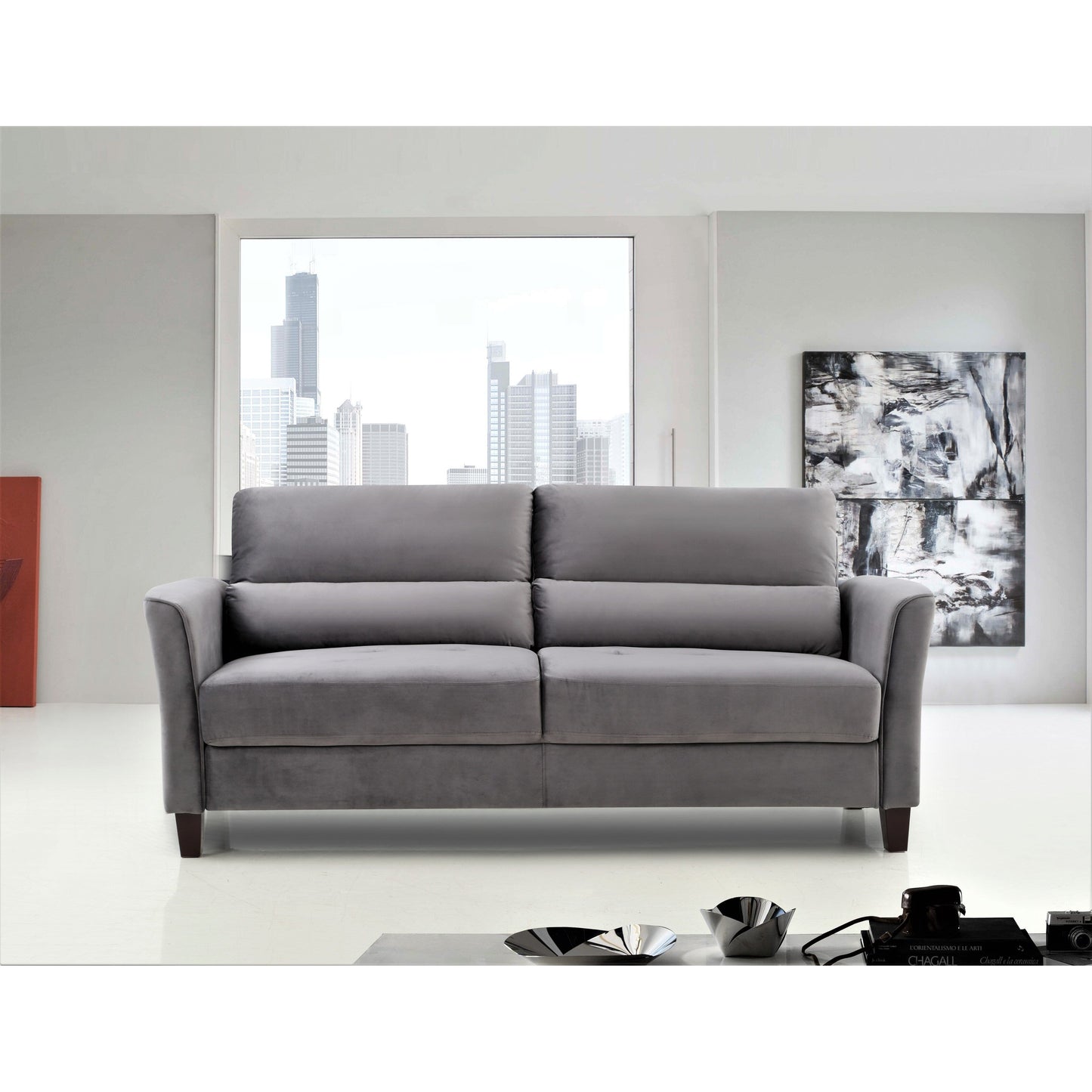 Ensemble de salon 2 pièces avec accoudoirs inclinés rembourrés, causeuse et canapé, style milieu du siècle moderne