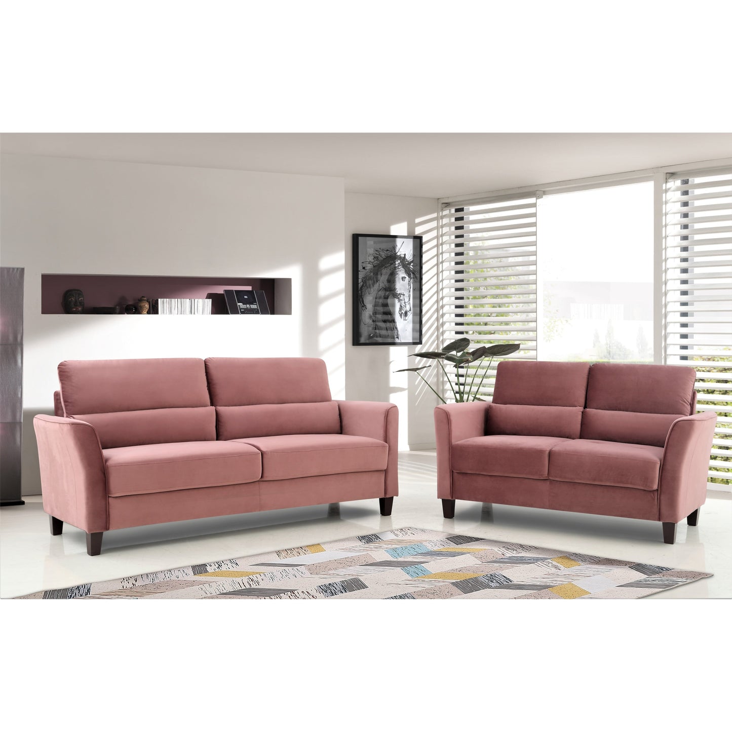 Ensemble de salon 2 pièces avec accoudoirs inclinés rembourrés, causeuse et canapé, style milieu du siècle moderne