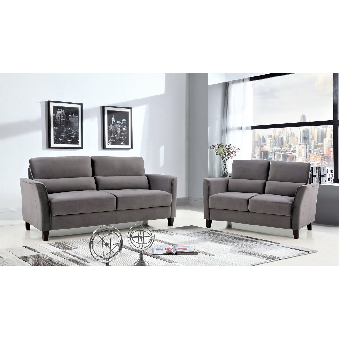Ensemble de salon 2 pièces avec accoudoirs inclinés rembourrés, causeuse et canapé, style milieu du siècle moderne