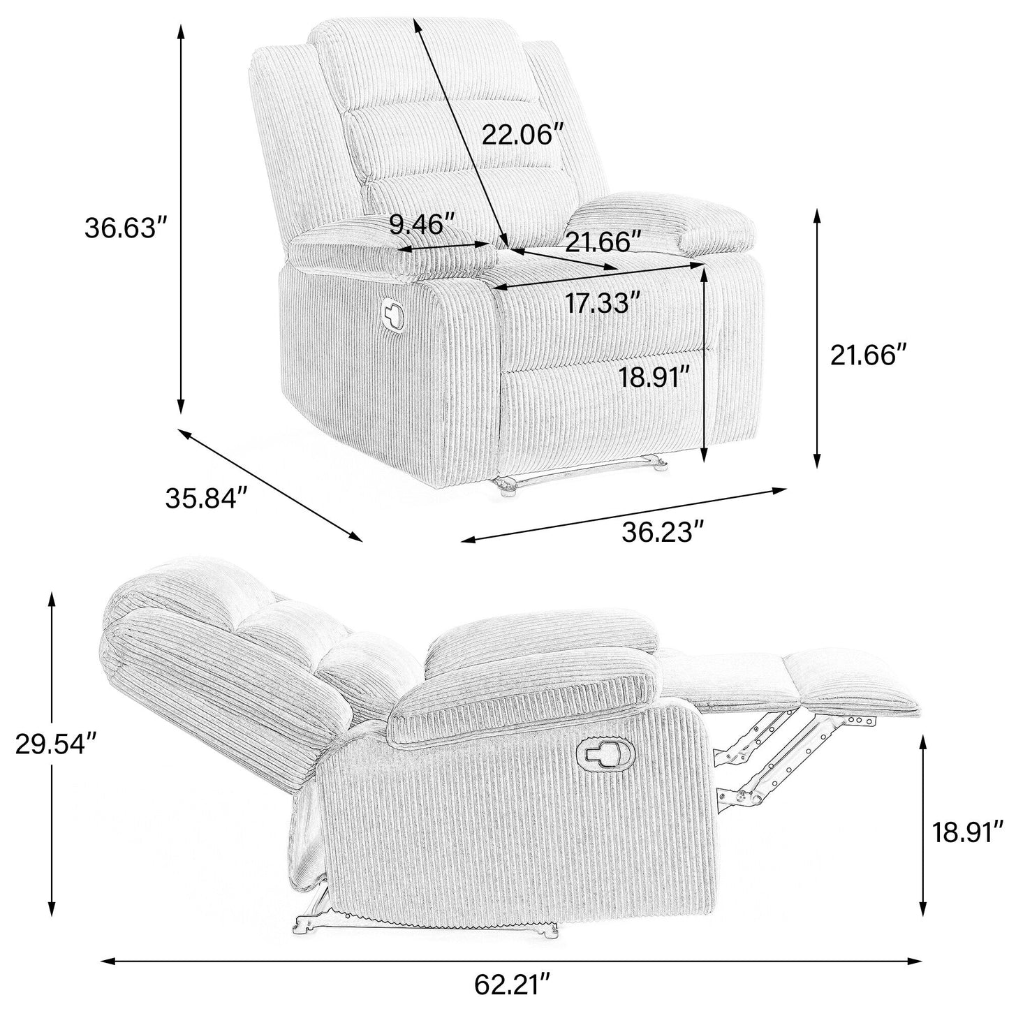Lot de 2 fauteuils inclinables manuels modernes en velours côtelé, fauteuil d'appoint surdimensionné avec accoudoirs larges