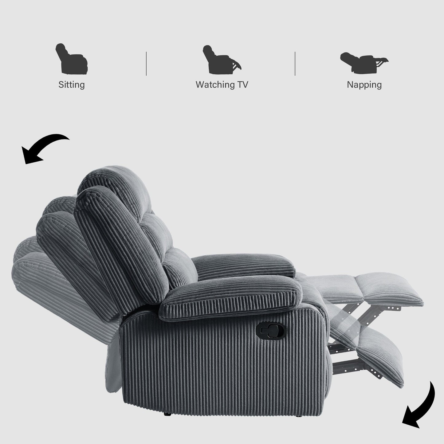 Lot de 2 fauteuils inclinables manuels modernes en velours côtelé, fauteuil d'appoint surdimensionné avec accoudoirs larges