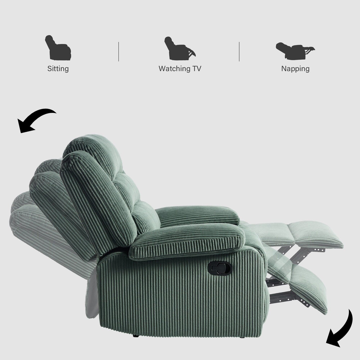 Lot de 2 fauteuils inclinables manuels modernes en velours côtelé, fauteuil d'appoint surdimensionné avec accoudoirs larges