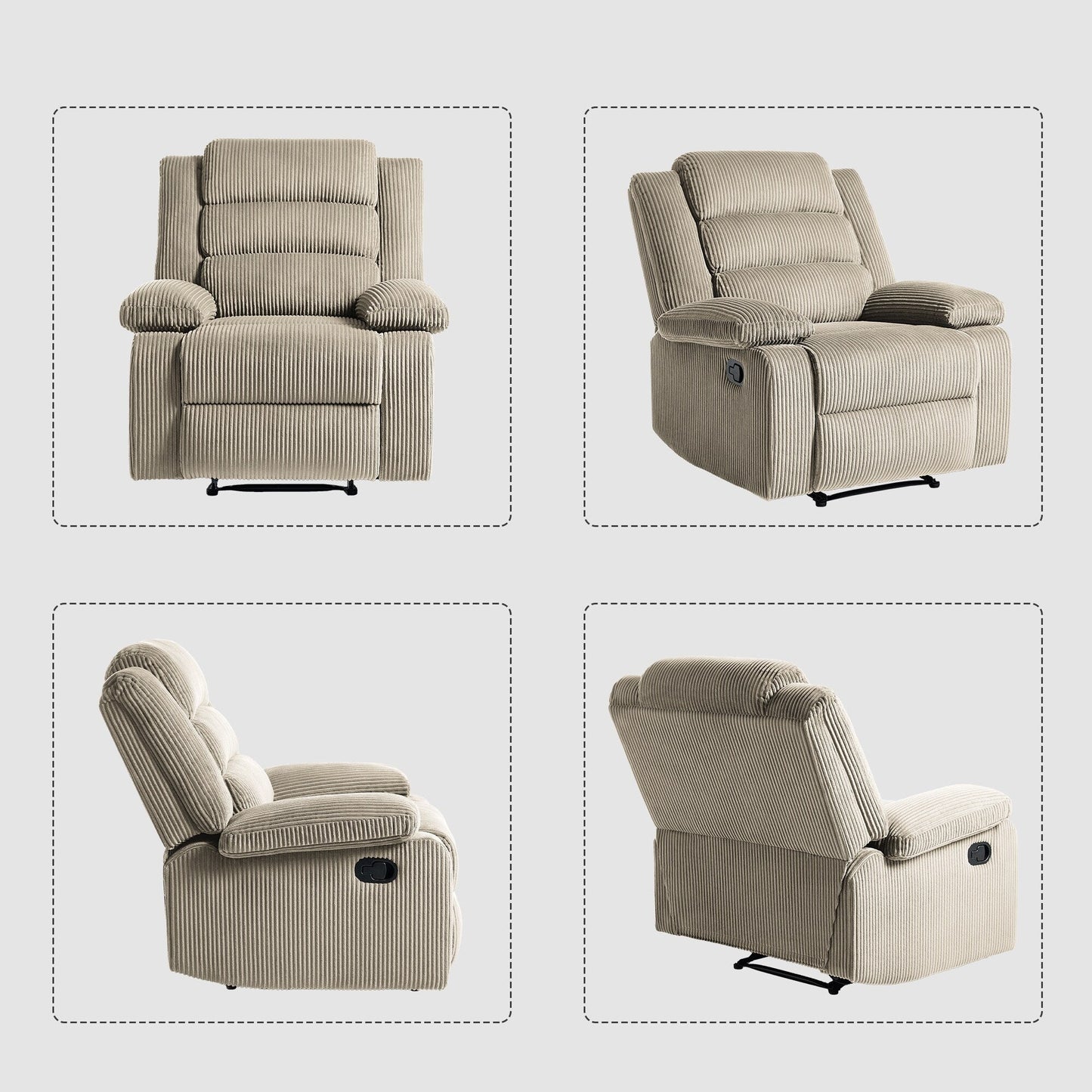 Lot de 2 fauteuils inclinables manuels modernes en velours côtelé, fauteuil d'appoint surdimensionné avec accoudoirs larges