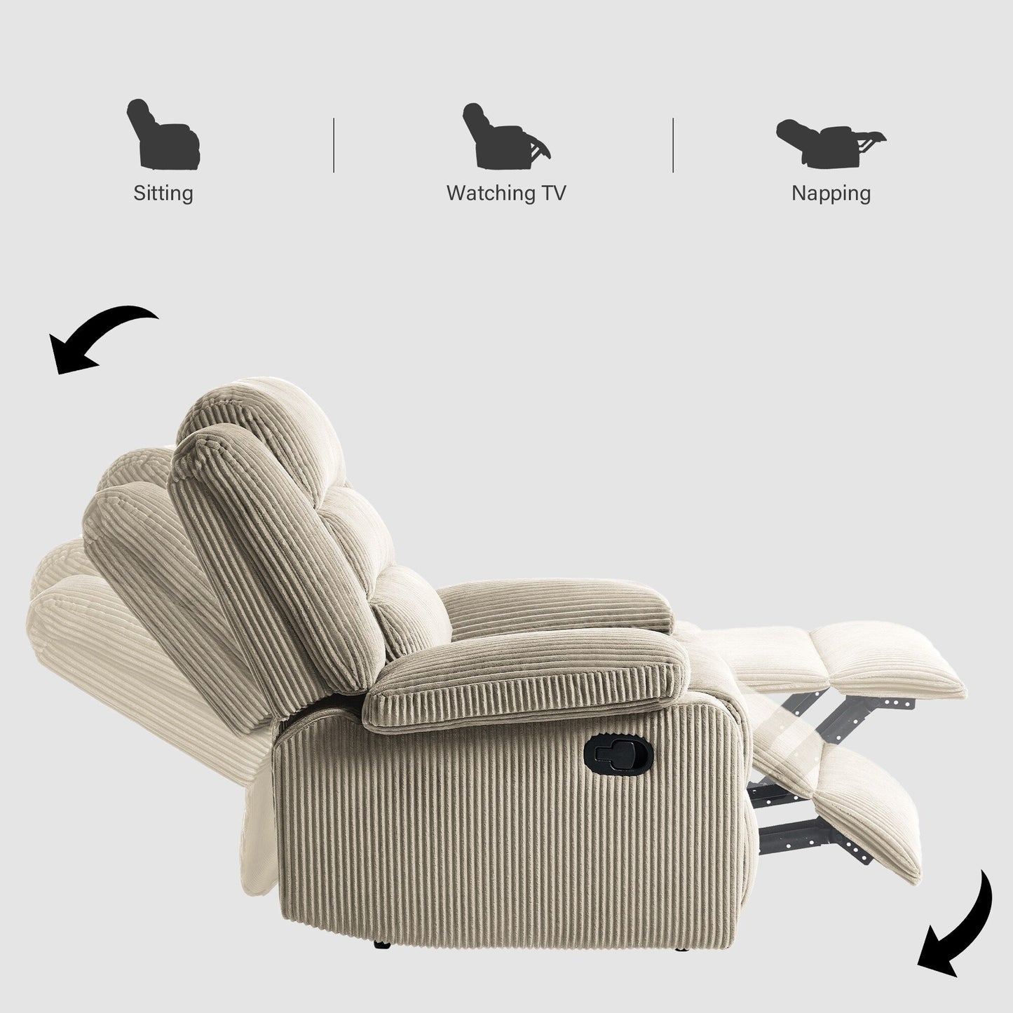 Lot de 2 fauteuils inclinables manuels modernes en velours côtelé, fauteuil d'appoint surdimensionné avec accoudoirs larges