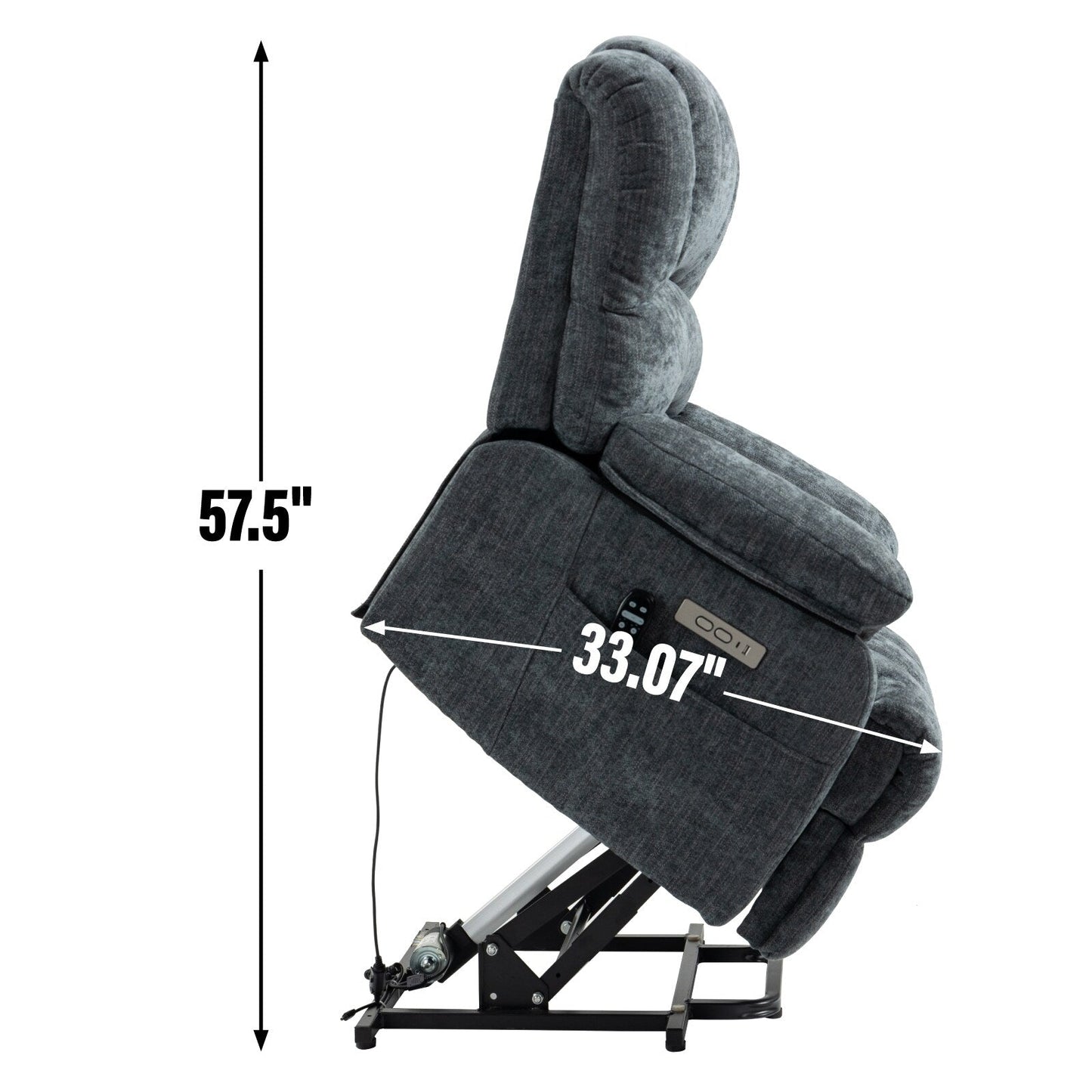 Fauteuil inclinable électrique de grande taille, largeur d'assise 23, dossier haut, en chenille bleu gris, avec massage par vibrations à 8 points