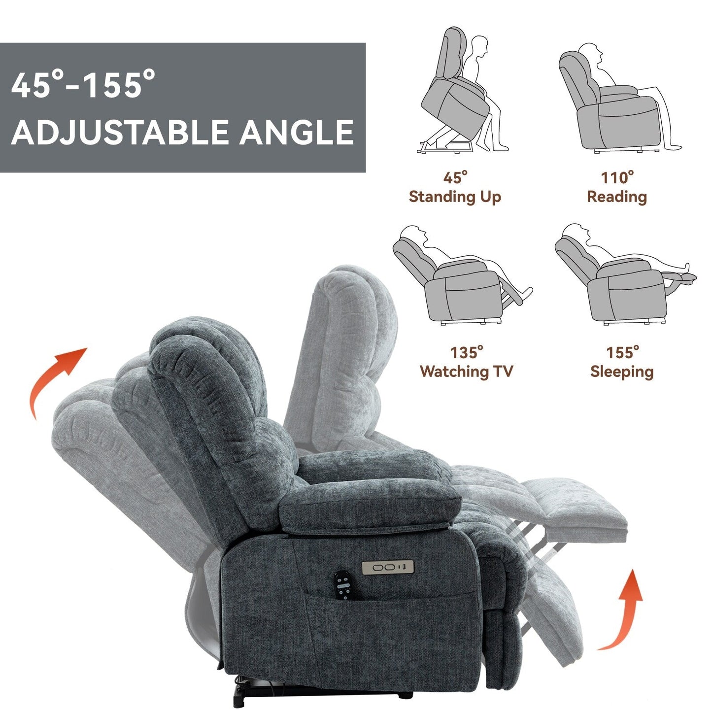 Fauteuil inclinable électrique de grande taille, largeur d'assise 23, dossier haut, en chenille bleu gris, avec massage par vibrations à 8 points