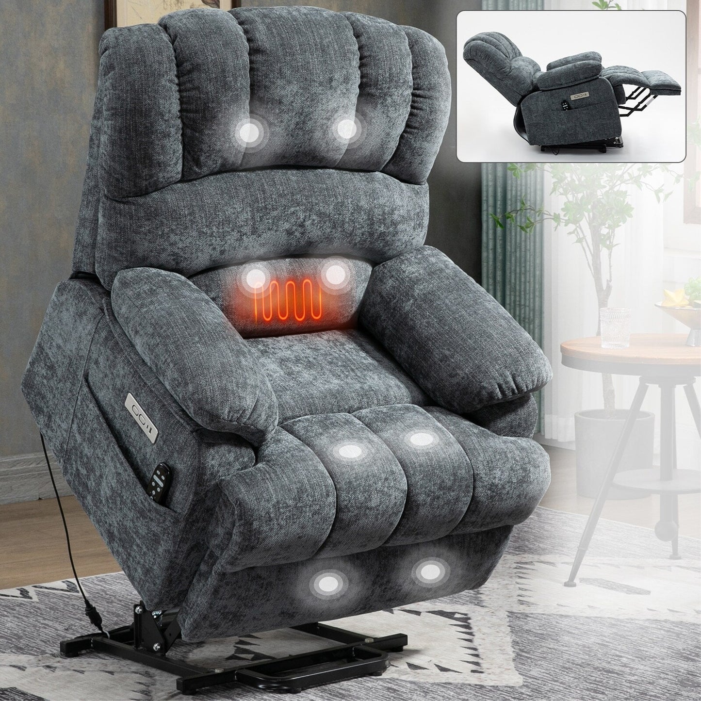 Fauteuil inclinable électrique de grande taille, largeur d'assise 23, dossier haut, en chenille bleu gris, avec massage par vibrations à 8 points