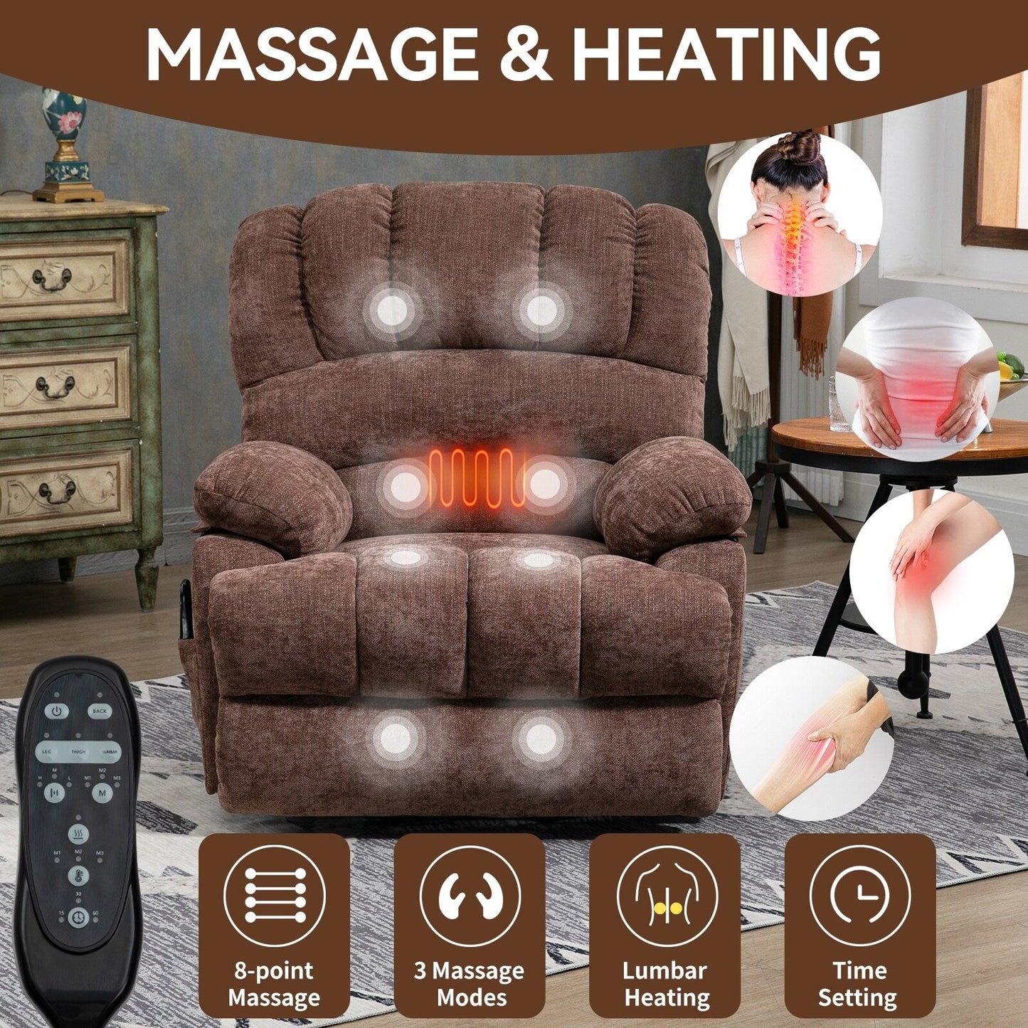 Fauteuil inclinable électrique de grande taille en chenille avec siège de 23 pouces de large et dossier haut, massage par vibration à 8 points et chauffage lombaire