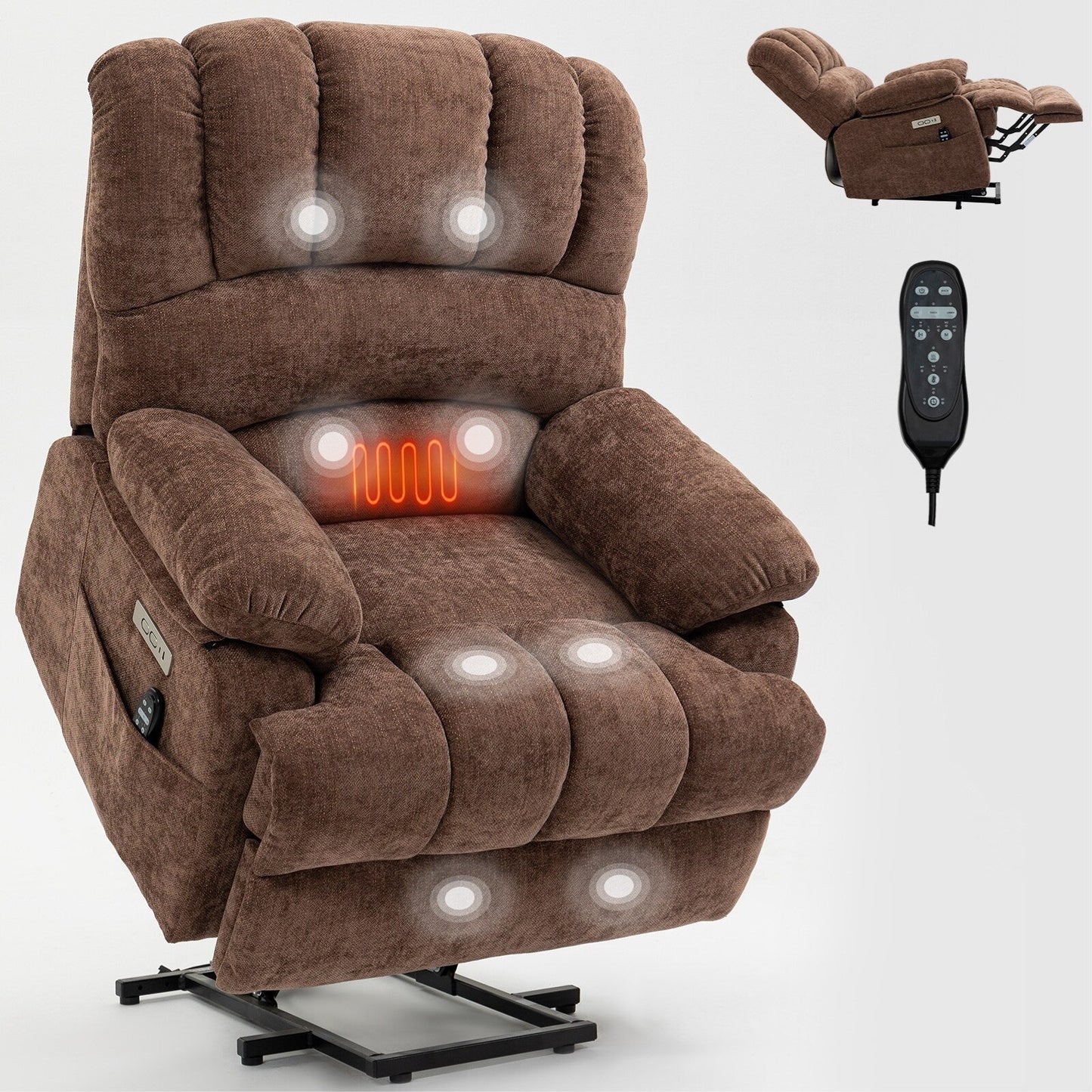 Fauteuil inclinable électrique de grande taille en chenille avec siège de 23 pouces de large et dossier haut, massage par vibration à 8 points et chauffage lombaire