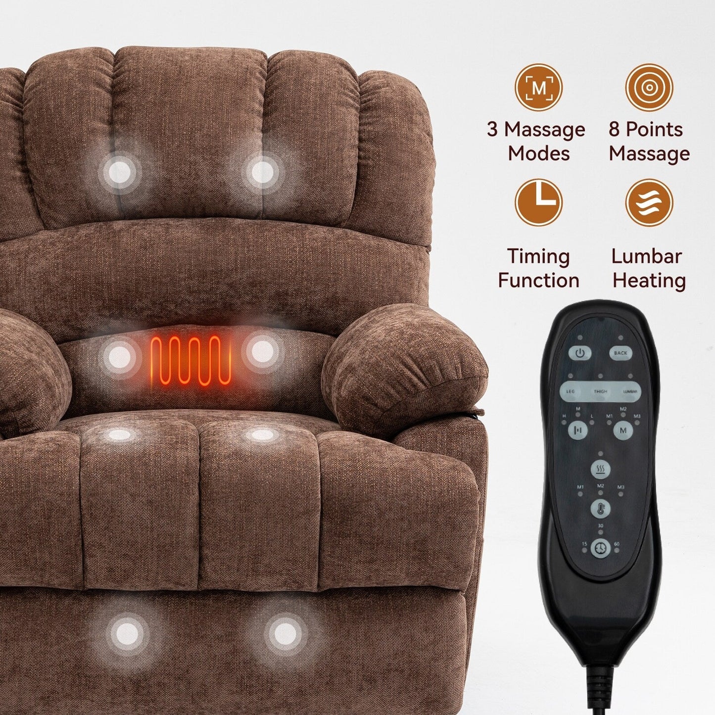Fauteuil inclinable électrique de grande taille en chenille avec siège de 23 pouces de large et dossier haut, massage par vibration à 8 points et chauffage lombaire
