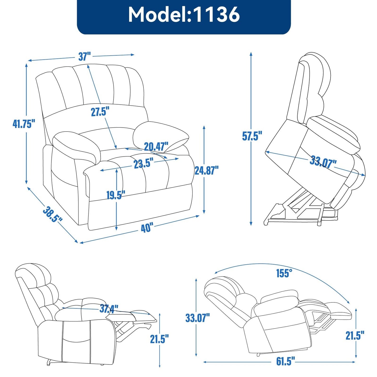 Fauteuil inclinable électrique de grande taille en chenille avec siège de 23 pouces de large et dossier haut, massage par vibration à 8 points et chauffage lombaire