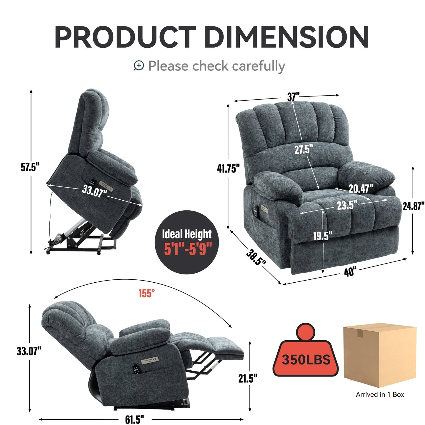 Fauteuil inclinable électrique de grande taille en chenille avec largeur d'assise de 23 pouces et dossier haut, massage par vibration à 8 points et chauffage lombaire