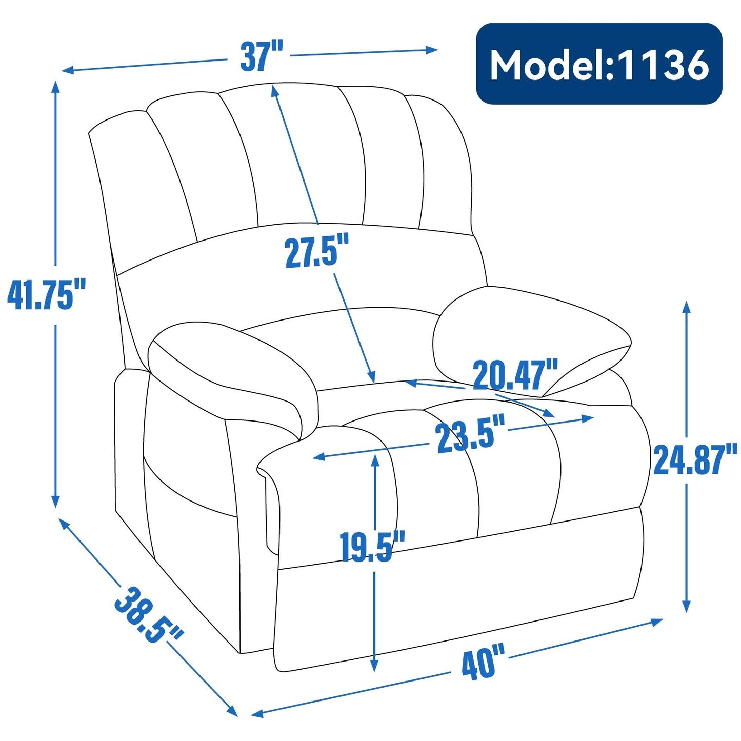Fauteuil inclinable électrique de grande taille en chenille avec largeur d'assise de 23 pouces et dossier haut, massage par vibration à 8 points et chauffage lombaire