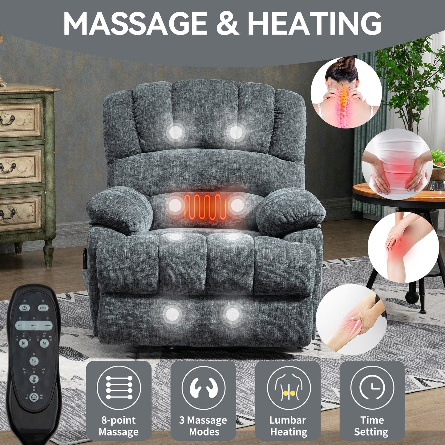 Fauteuil inclinable électrique de grande taille en chenille avec largeur d'assise de 23 pouces et dossier haut, massage par vibration à 8 points et chauffage lombaire