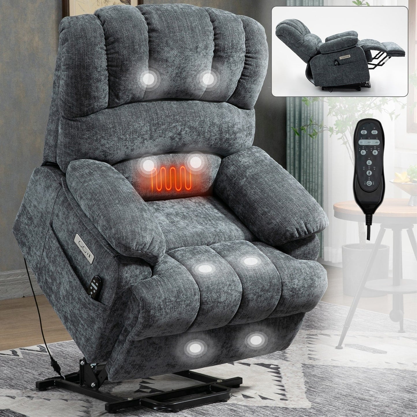 Fauteuil inclinable électrique de grande taille en chenille avec largeur d'assise de 23 pouces et dossier haut, massage par vibration à 8 points et chauffage lombaire