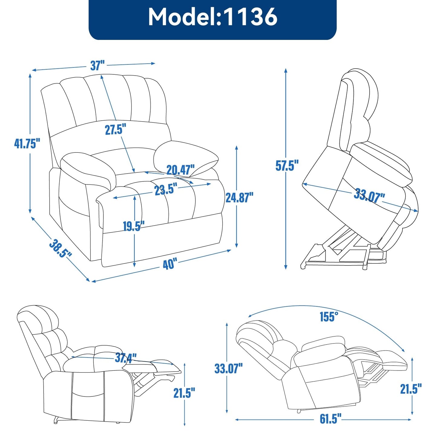 Fauteuil inclinable électrique de grande taille en chenille avec largeur d'assise de 23 pouces et dossier haut, massage par vibration à 8 points et chauffage lombaire