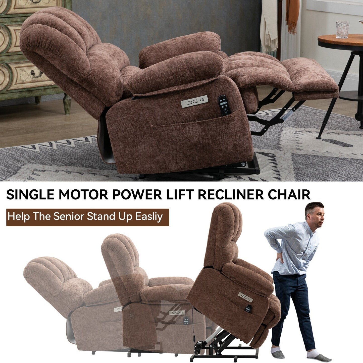 Fauteuil inclinable électrique de grande taille en chenille avec largeur d'assise de 23 pouces et dossier haut, massage par vibration à 8 points et chauffage lombaire