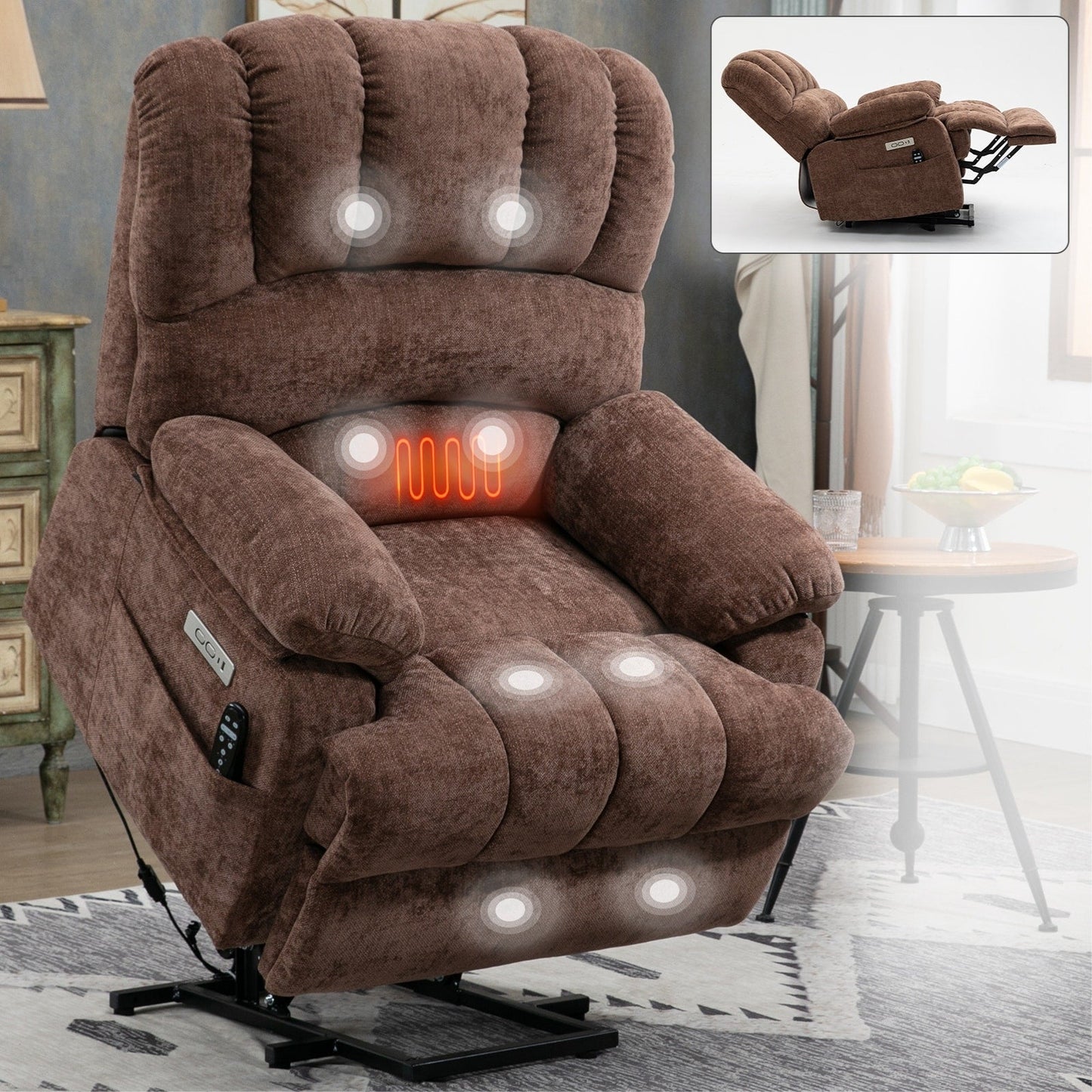 Fauteuil inclinable électrique de grande taille en chenille avec largeur d'assise de 23 pouces et dossier haut, massage par vibration à 8 points et chauffage lombaire
