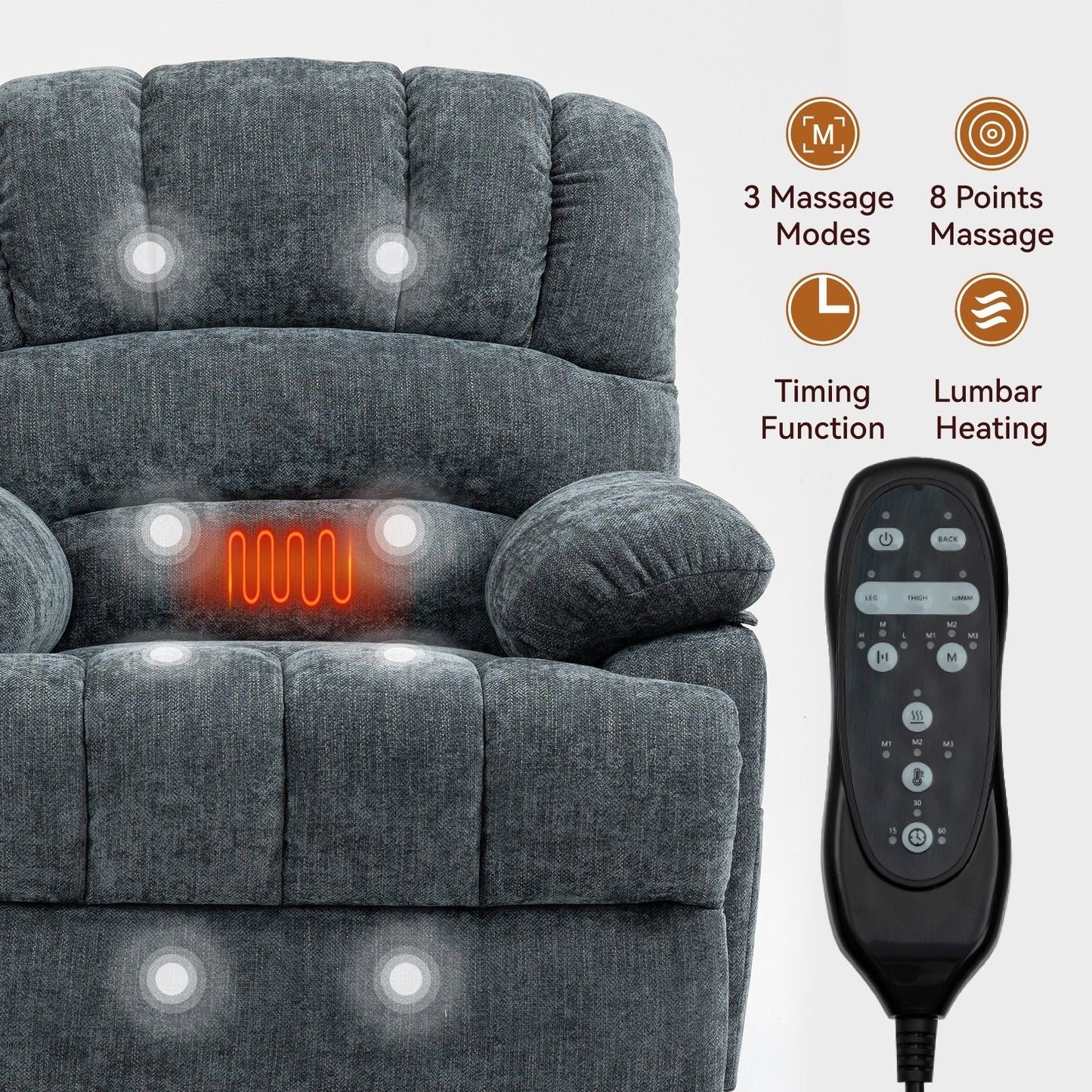 Fauteuil inclinable électrique de grande taille en chenille avec largeur d'assise de 23 pouces et dossier haut, massage par vibration à 8 points et chauffage lombaire