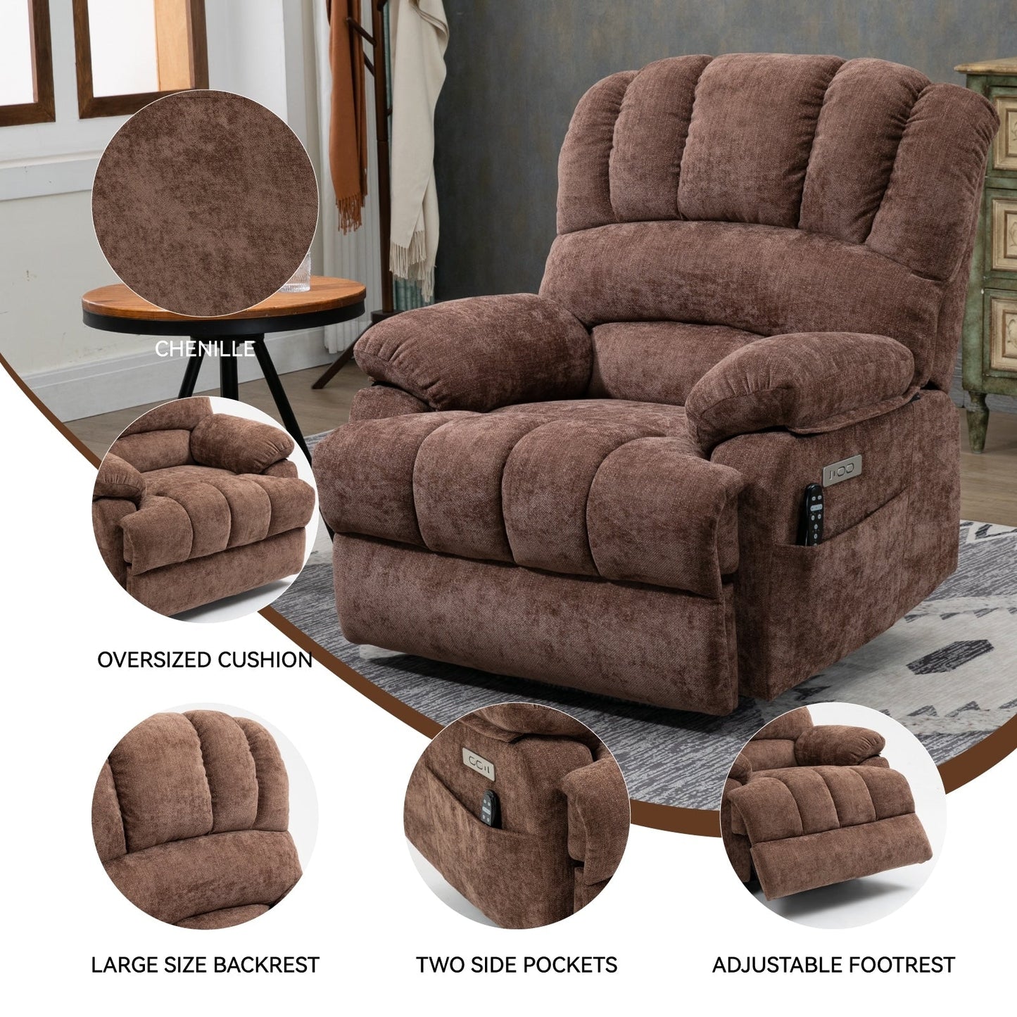 Fauteuil inclinable électrique de grande taille en chenille avec largeur d'assise de 23 pouces et dossier haut, massage par vibration à 8 points et chauffage lombaire