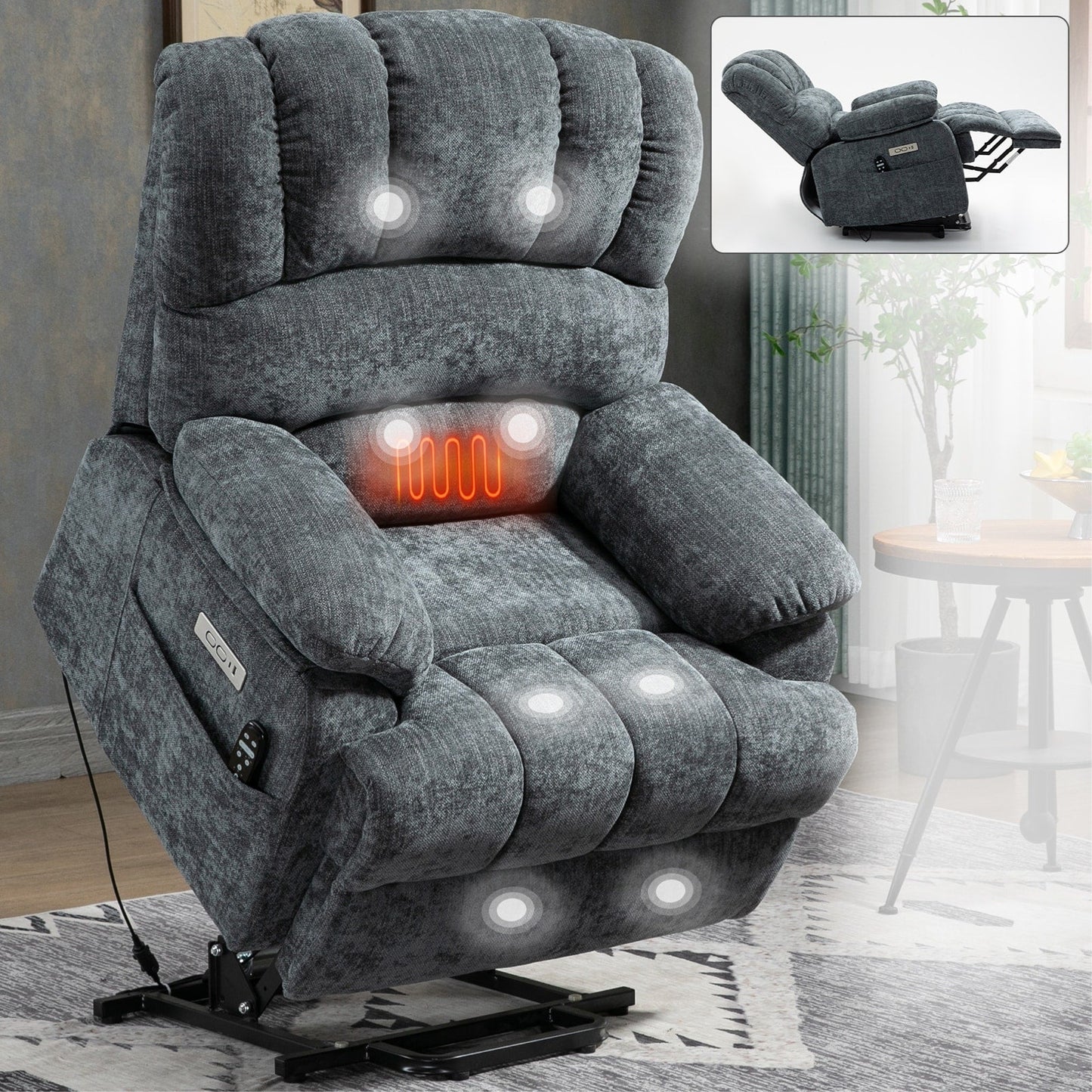Fauteuil inclinable électrique de grande taille en chenille avec largeur d'assise de 23 pouces et dossier haut, massage par vibration à 8 points et chauffage lombaire